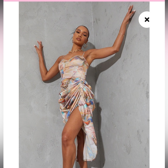 Multi Marble Print Satin Ruched Skirt Corset Detail Midi Dress size 6 - Picture 5 of 12